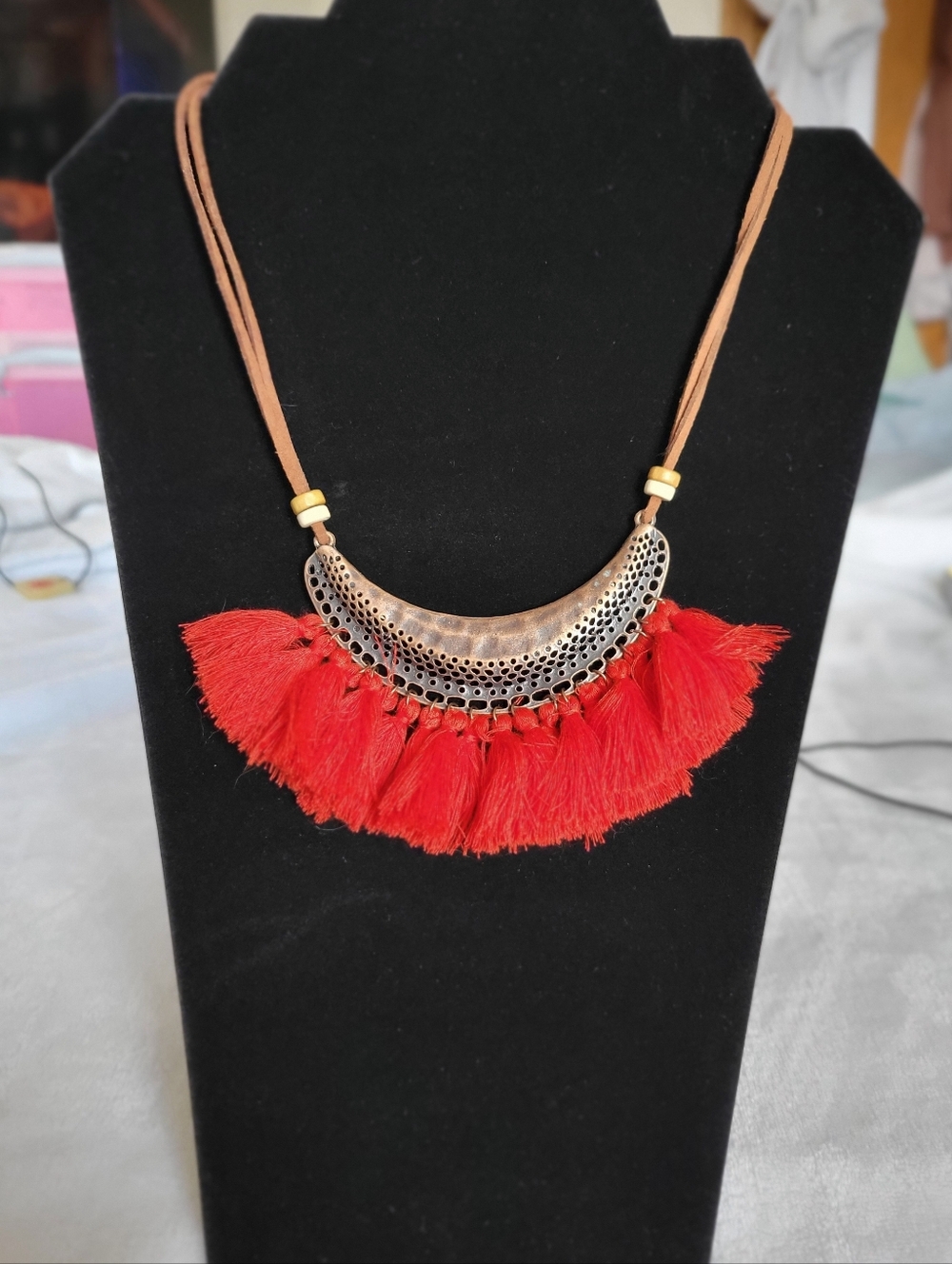 Bohemian Red Tassel Macrame Hand Crafted Statement Necklace